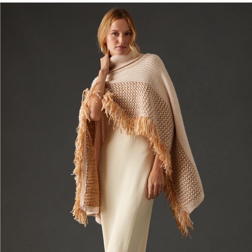 Anthropologie Cream and Tan Fringe Knit Poncho